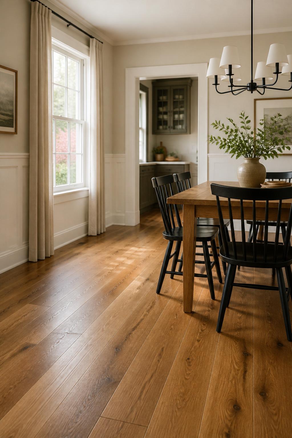 Bright dining area with freshly installed flooring and warm natural light