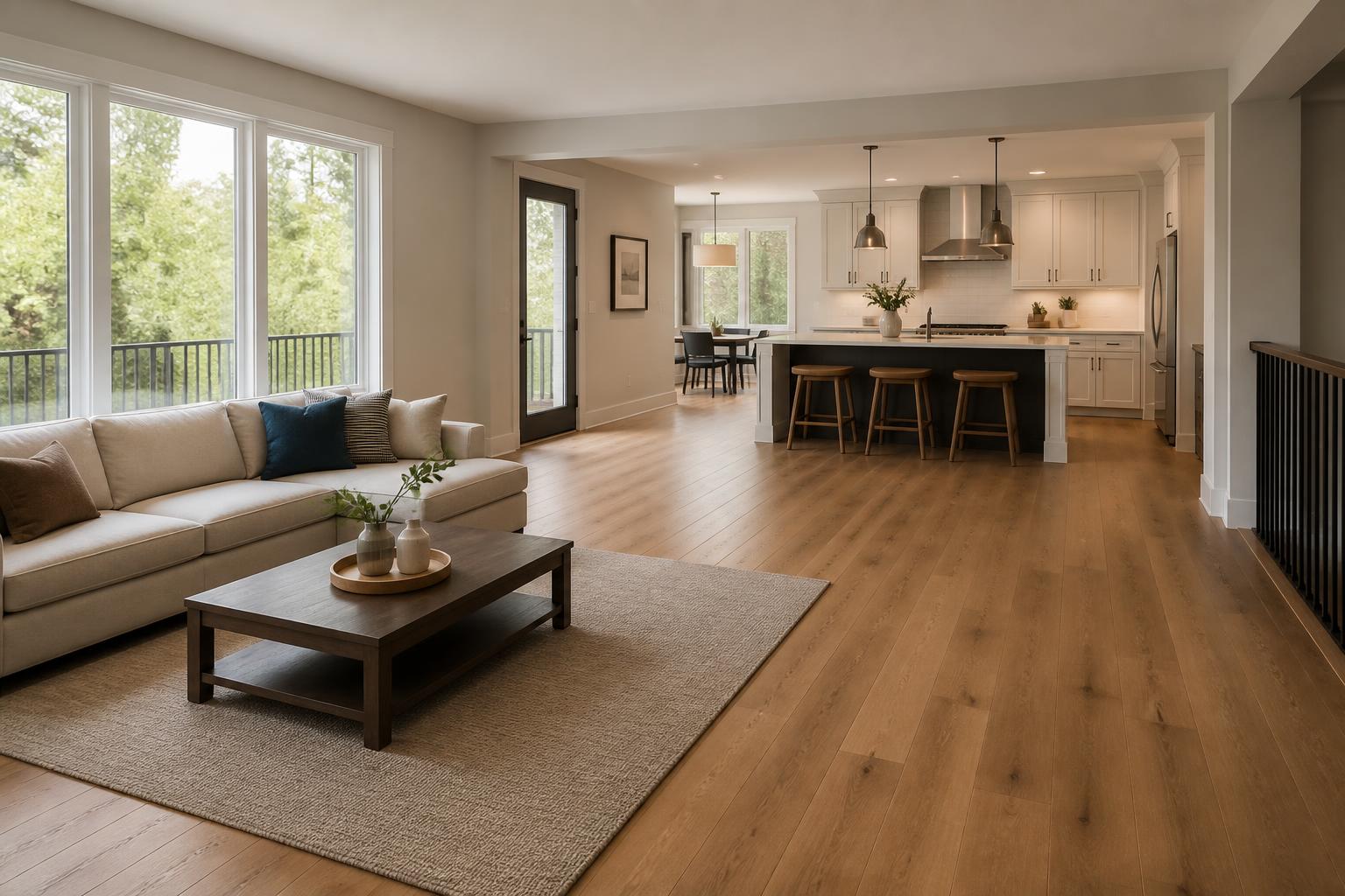 Modern living room with new hardwood flooring and open kitchen transition